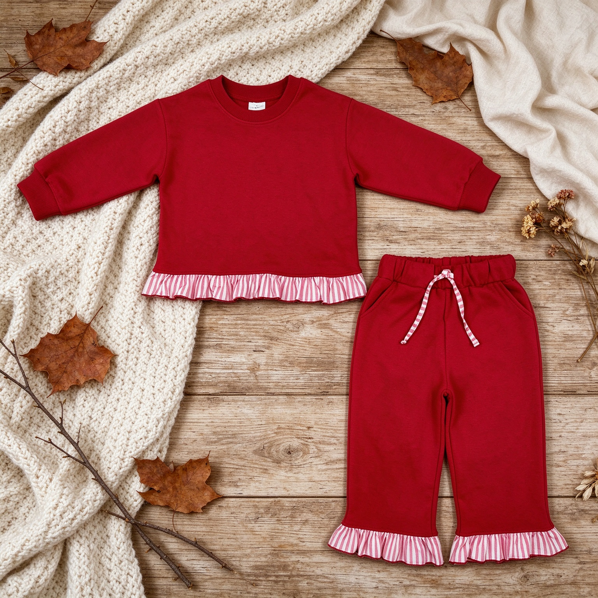 RTS NO MOQ （In stock） fleece GLP3648 Sweatshirt Material Kids Girls Red Long Sleeve Top Pockets Pants Sweatshirt Clothes Set Fall Outfit