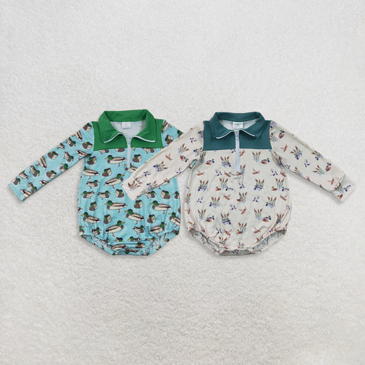 RTS Sibling milk silk Baby Boys Hunting Duck Plaid Long Sleeve Zip Rompers