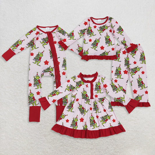 RTS Sibling Baby Girls Winter Outfits Green Face Christmas Pajamas Long Sleeves Ruffle Stars Design Rompers Dress Cute Holiday Sleepwear for Kids