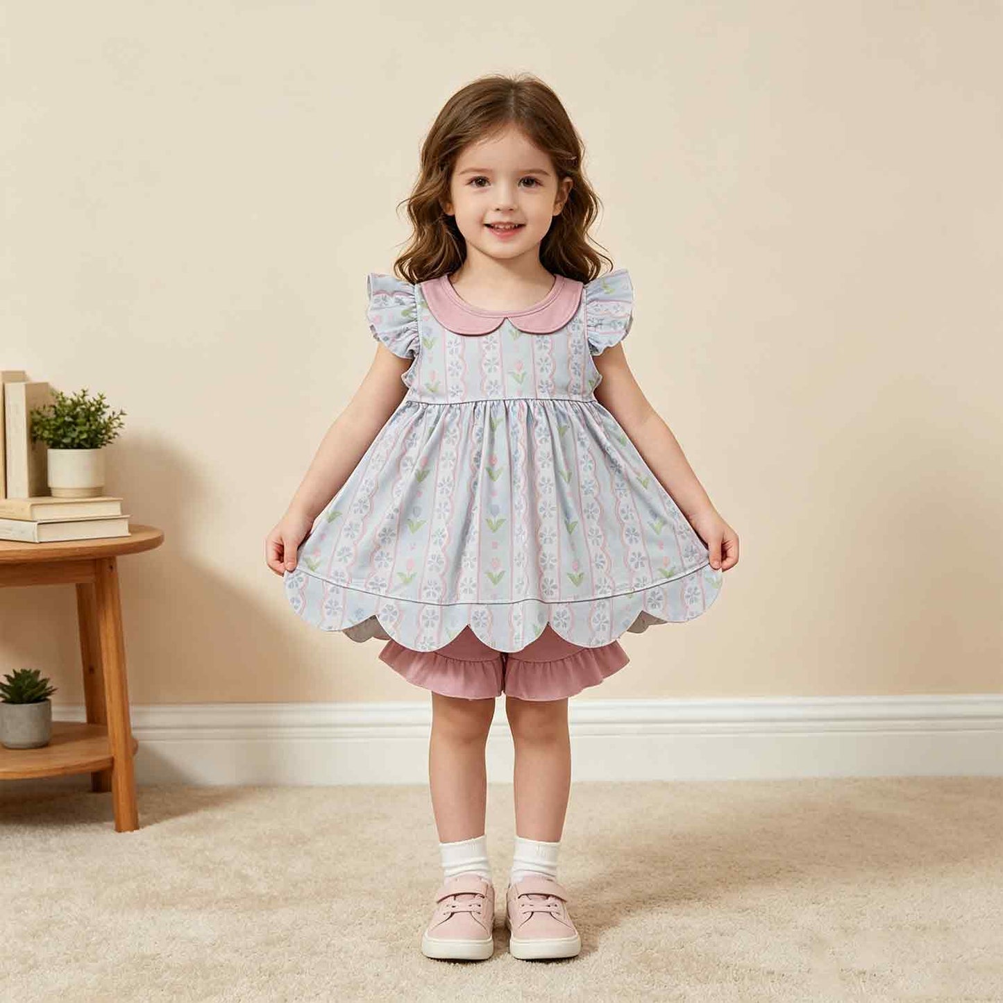 GSSO3490 RTS NO MOQ （In stock）milk silk  Floral scallop tunic ruffle shorts girls summer outfits