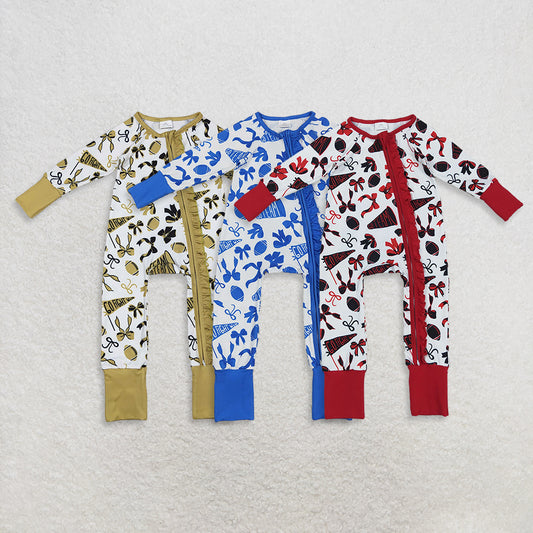 RTS Sibling Baby Girls Winter Rompers Long Sleeve Bow Ruffle Football Team Zipper Romper for Toddlers