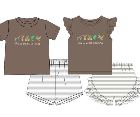 Girls Hunting Top And Stripe Shorts Set 'This Is God's Country' Theme Children's Outfit for Outdoor Activities