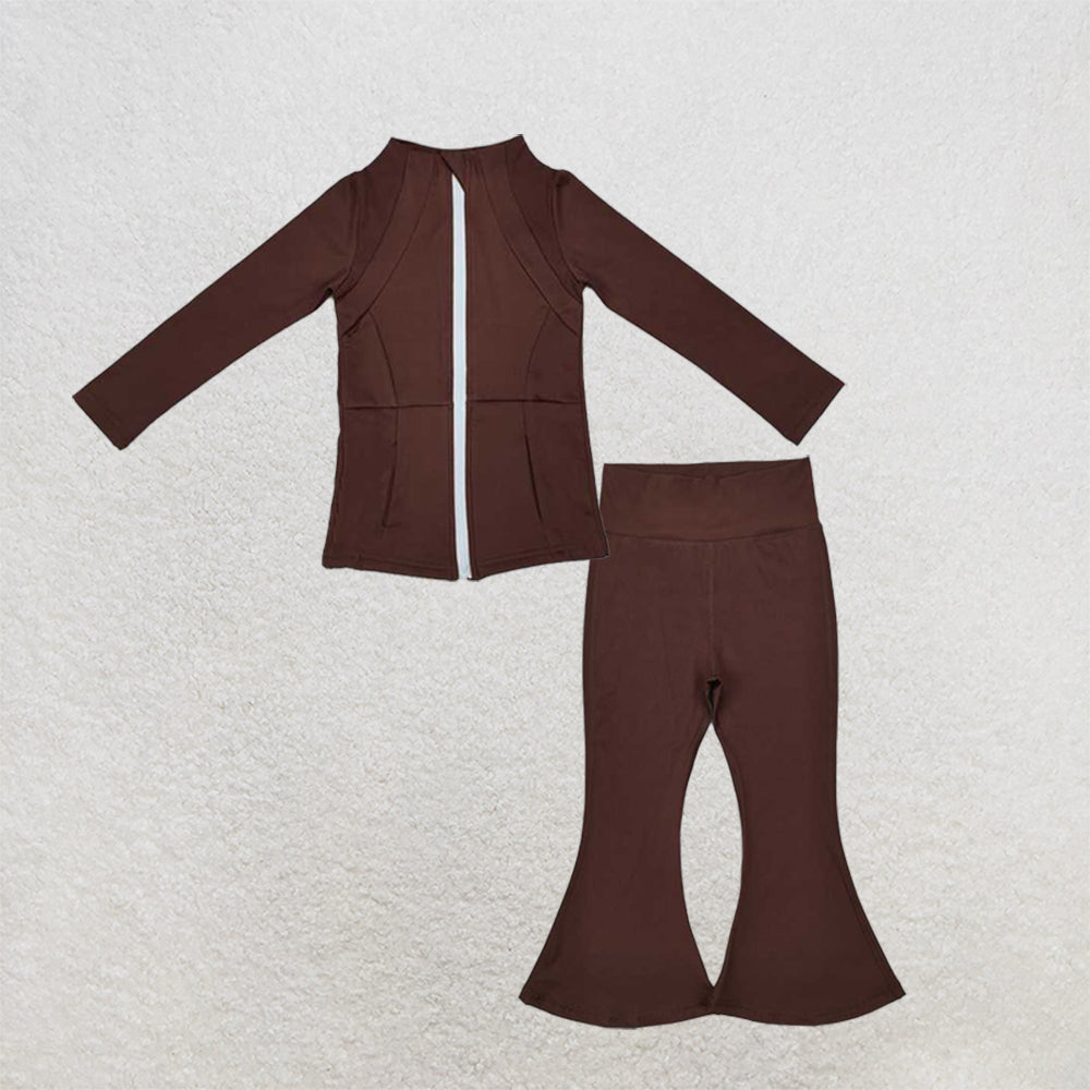 6.03  New Rts No Moq 8-9 Days By Air Arrived it Dark Brown Long Sleeve Zipper Baby Girl Yoga Outfit Set Comfortable Breathable Yoga Top with Matching Yoga Pants