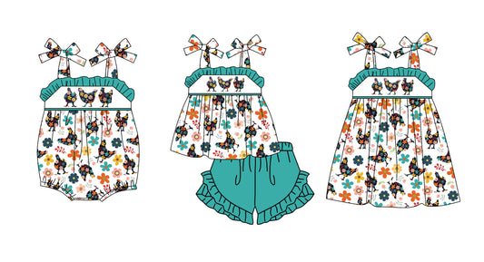 Straps floral chicken tunic ruffle shorts girls clothing