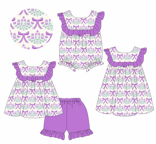 Purple ruffle bow floral tunic shorts girls summer clothes