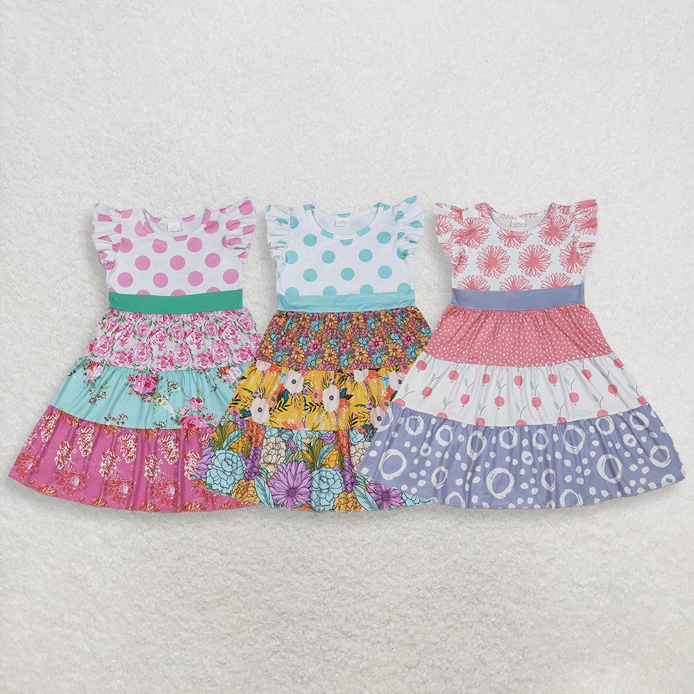4.11 RTS NO MOQ （In stock ）Baby Girls Flutter Sleeve Flowers Patchwork Knee Length Dresses