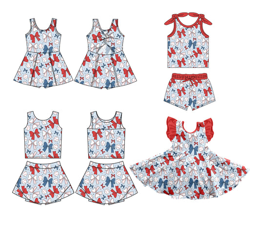 Kids Girls Sleeveless Baseball Set with Red Blue Bow Active Wear Outfit
