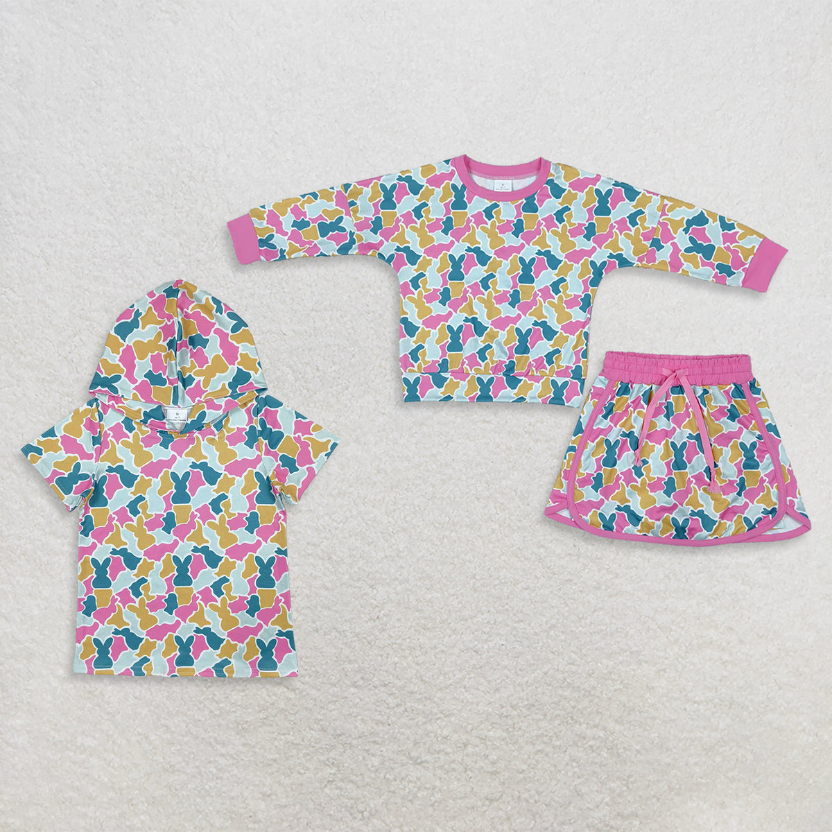 RTS NO MOQ Sibling milk silk Baby Girls Easter Bunny Camo Print Hooded Tee Long Sleeve Top And Skort Outfit