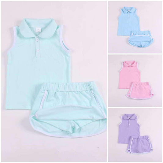 Baby Girls Blue Sleeveless Button Down Top Skirt With Short Cotton Set