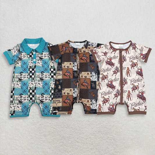 4.1 RTS Sibling Short sleeves rodeo western baby boy zipper romper