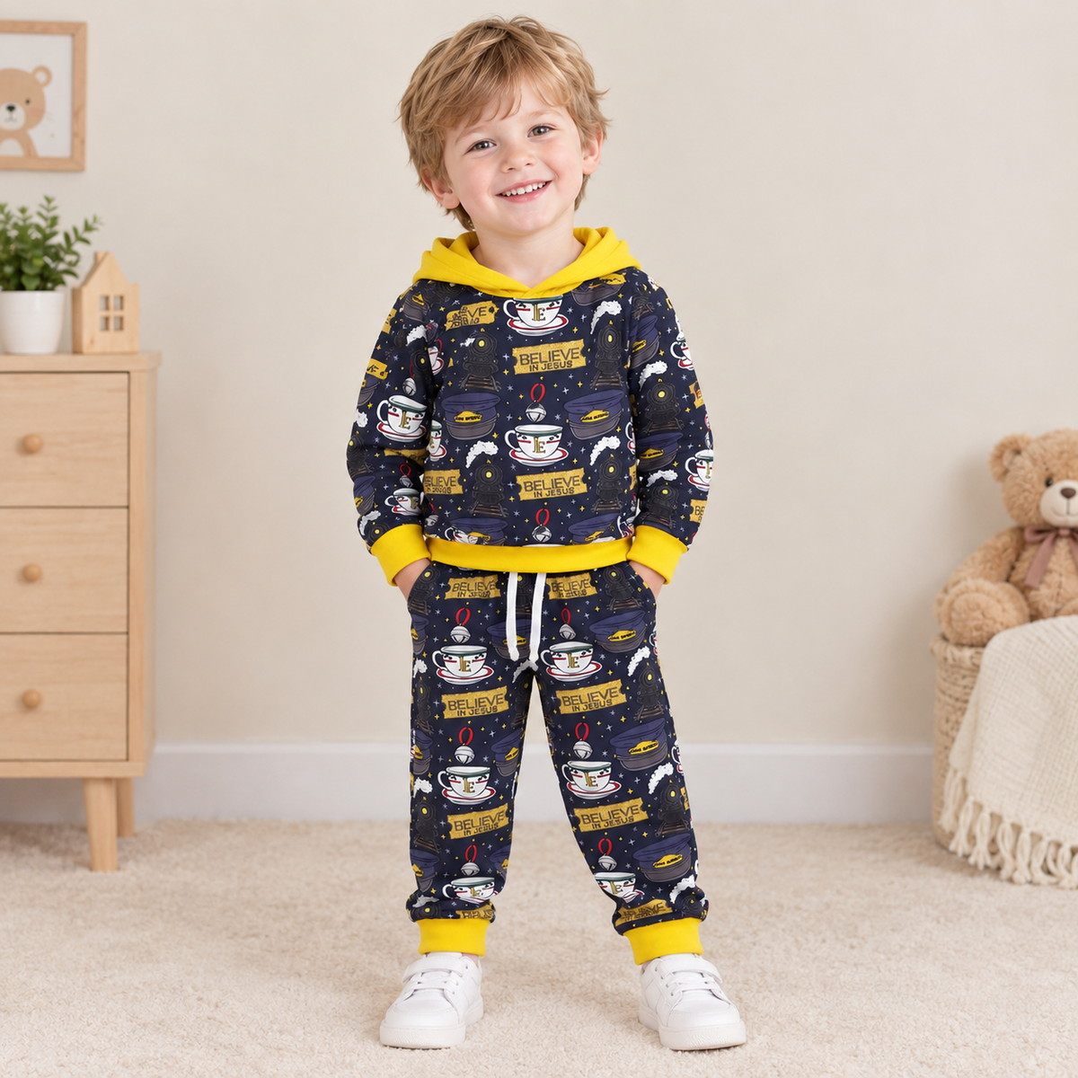 RTS NO MOQ milk silk BLP1552 Baby Boys Believe in Jesus Hoodie Pockets Jogger Clothes Set