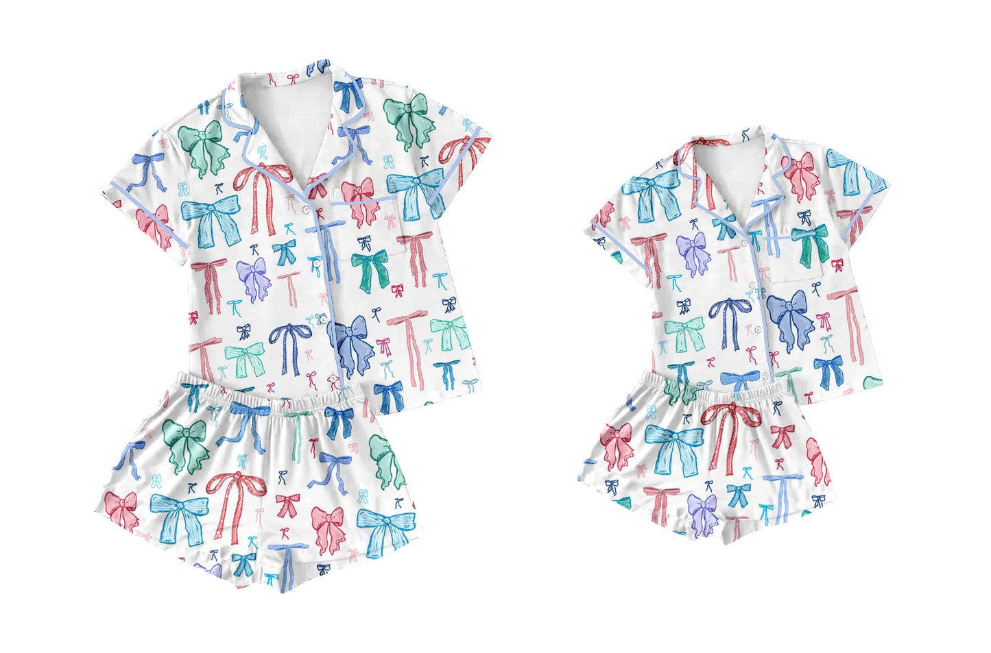Colorful Bow Button Short-Sleeve Pajamas for Adults And Girls - Comfortable Sleepwear with Button Detailing