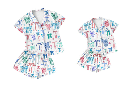 Colorful Bow Button Short-Sleeve Pajamas for Adults And Girls - Comfortable Sleepwear with Button Detailing