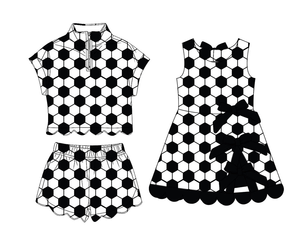 4.11 Pre order No Moq Baby Girls Footballs Checked Team Yoga Active Scallop Short Knee Length Dress and Clothes Set
