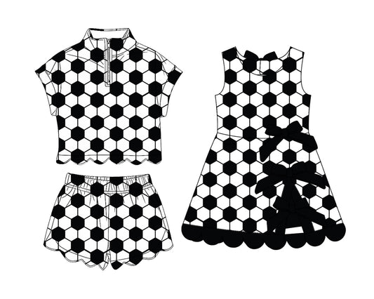 4.11 Pre order No Moq Baby Girls Footballs Checked Team Yoga Active Scallop Short Knee Length Dress and Clothes Set