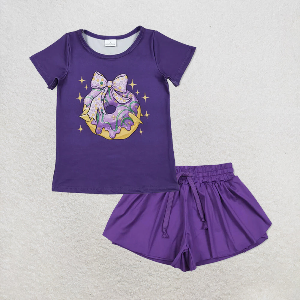 5.25 RTS NO MOQ （In stock）GT1252+SS0602  Short sleeves purple bow donut kids girls summer top with activewear summer yoga shorts
