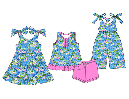 6.06  pre order Girls Sleeveless Watercolor Trees Boat Print Top Shorts Set Summer Clothing Casual Breathable Outfit for Little Girls