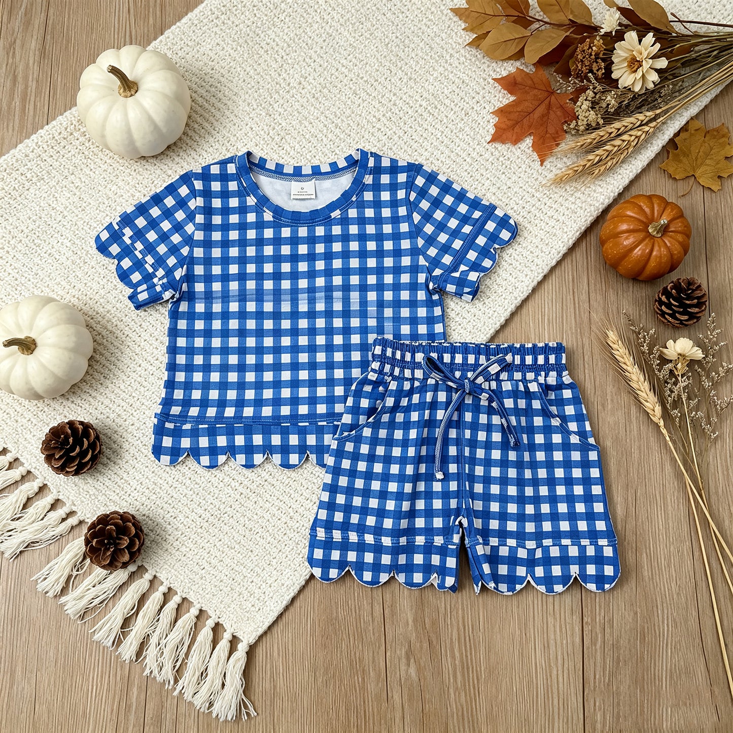 GSSO3837 RTS NO MOQ （In stock）milk silk Baby Girls Hot Blue Checked Shirt Top Pockets Short Scallop Clothes Set