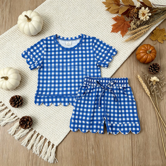GSSO3837 RTS NO MOQ （In stock）milk silk Baby Girls Hot Blue Checked Shirt Top Pockets Short Scallop Clothes Set