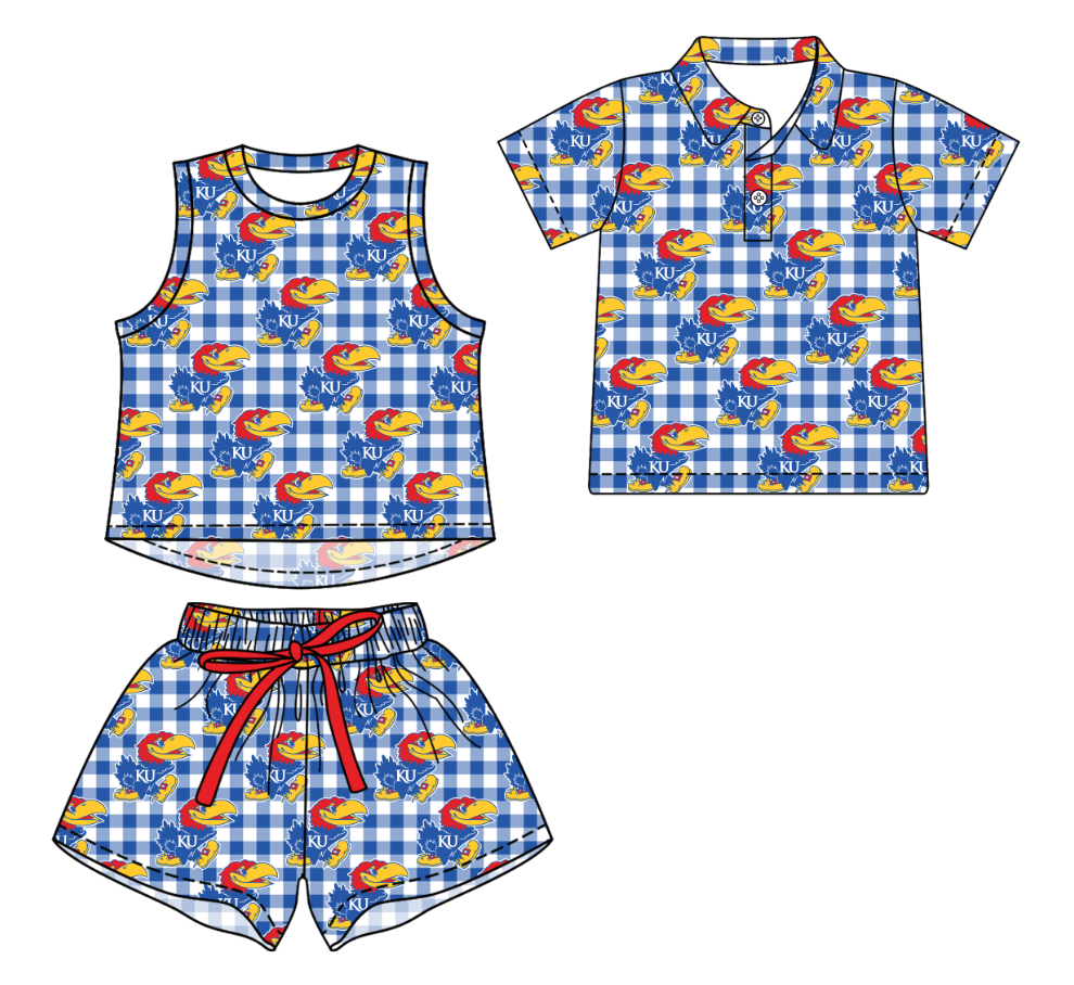 3.14 CUSTOM MOQ 5 Sibling Boys Baby Girls Summer Fashion Dark Blue Check Sleeveless Top Shorts Button Polo Shirts Team Clothes Sets