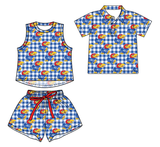 3.14 CUSTOM MOQ 5 Sibling Boys Baby Girls Summer Fashion Dark Blue Check Sleeveless Top Shorts Button Polo Shirts Team Clothes Sets