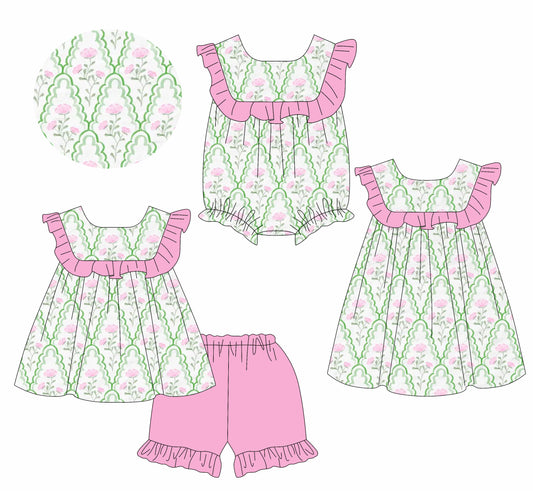 Ruffle green pink floral tunic shorts girls summer outfits