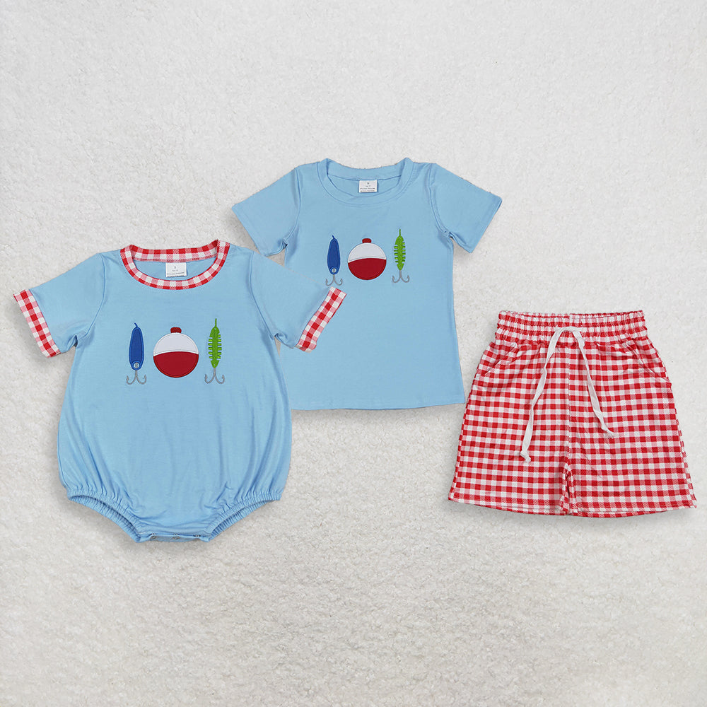 4.14 RTS Sibling Short sleeves fishing lure embroidery kids boys girls outfits and romper