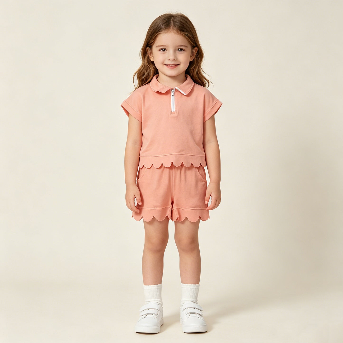 GSSO3374  RTS NO MOQ （In stock）Baby Girls Summer Fashion Short Sleeve Peach Zipper Scallop Pullover Top Pockets Short Checked Set
