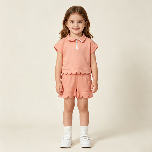 GSSO3374  RTS NO MOQ （In stock）Baby Girls Summer Fashion Short Sleeve Peach Zipper Scallop Pullover Top Pockets Short Checked Set