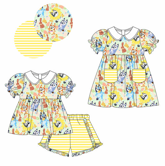 Baby Girls Cartoon Dogs Flowers Tunic Ruffle Shorts Clothes Sets and Dress Preorder