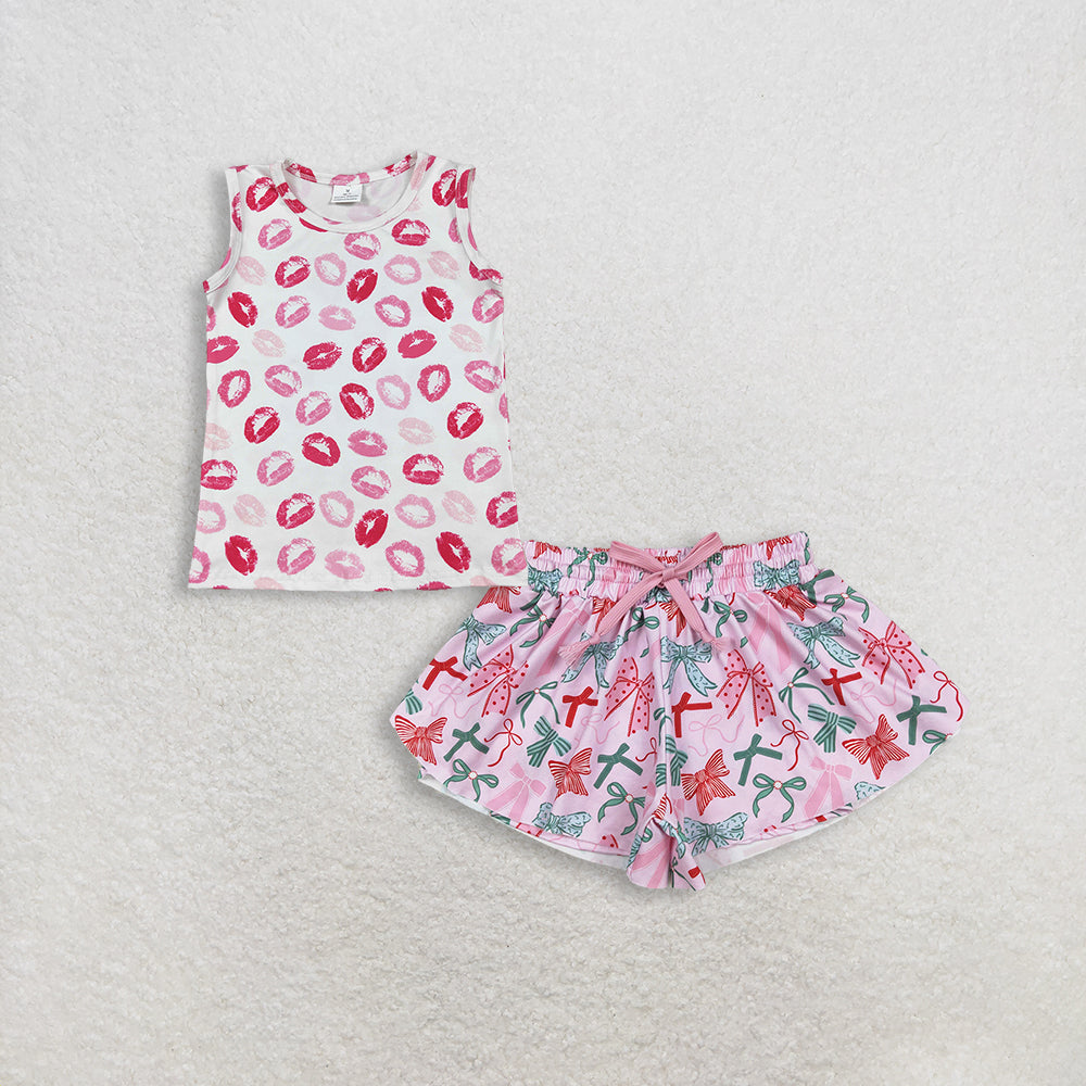 3.4 RTS NO MOQ （In stock）GT1419 + SS0578 Baby Girls Sleeveless Pink Mouths Valentines Vest Tops Shorts Bottoms