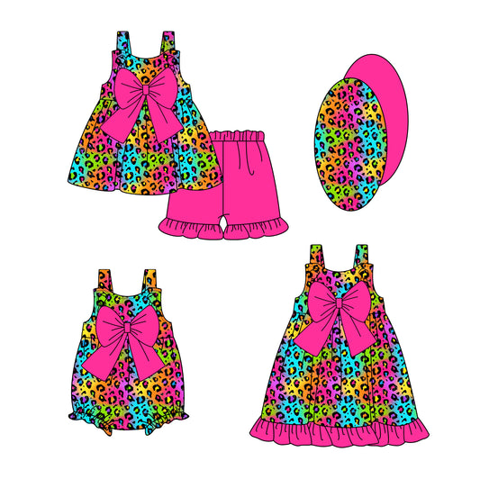 Girls Hot Pink Bow Colorful Leopard Print Tunic Short Set Children's Clothing Outfit