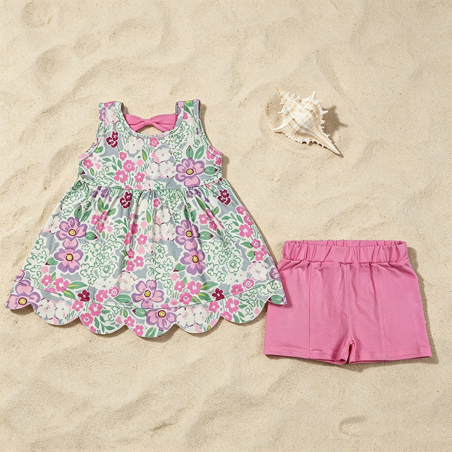 GSSO3385 RTS NO MOQ （In stock ）Sleeveless floral scallop tunic pink shorts girls outfits