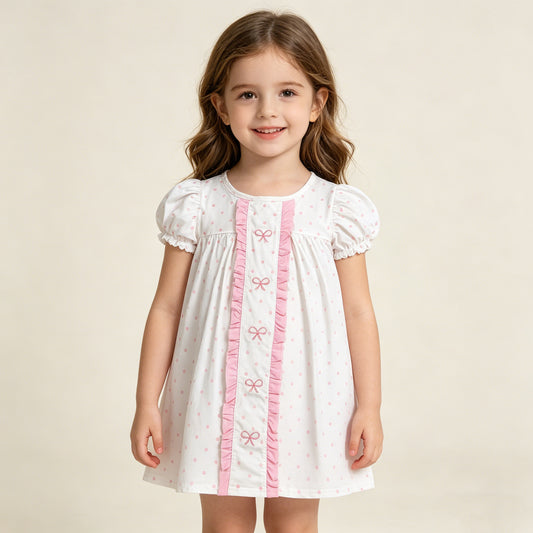 GSD3312 RTS NO MOQ （In stock）Short sleeves pink polka dots bow embroidery girls dresses