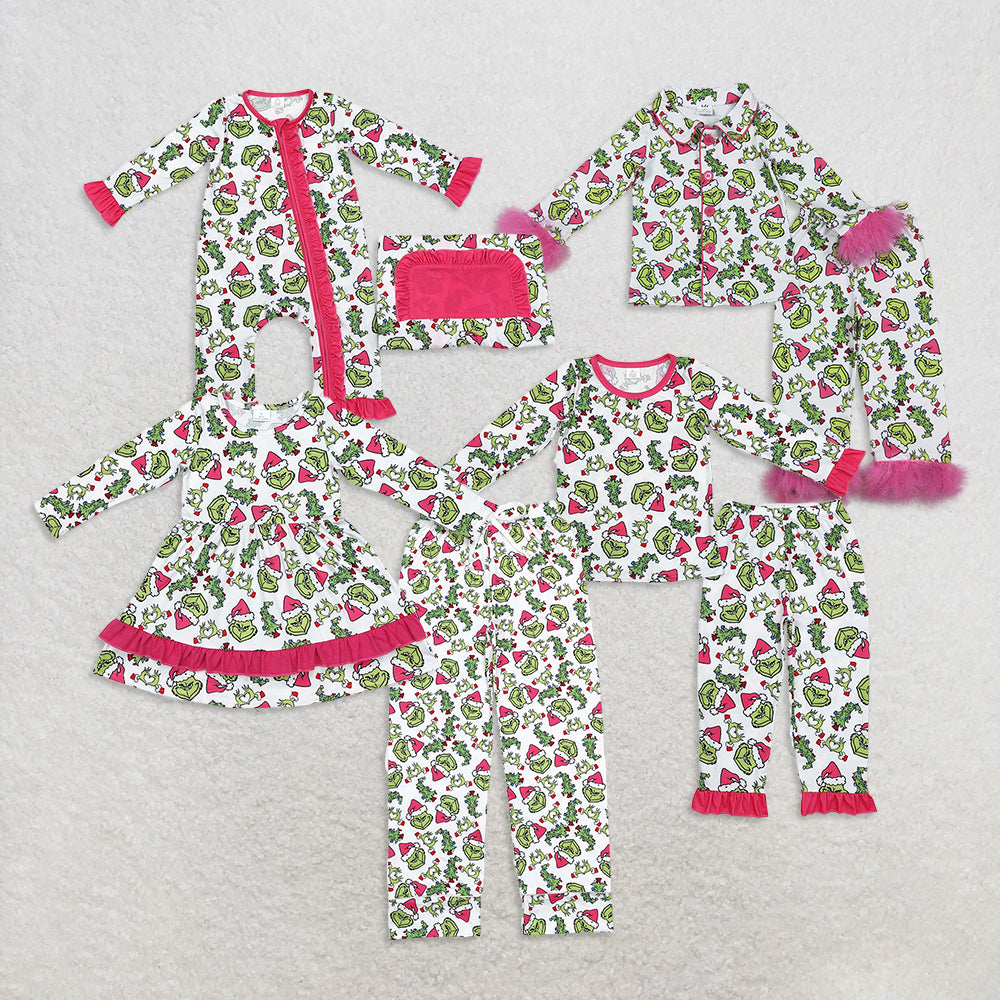 RTS Sibling Baby Girls Winter Outfits Hot Pink Long Sleeve Baby Pajamas Christmas Tree Green Face Design Comfortable Rompers Pants for Infants