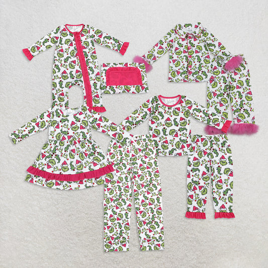 RTS Sibling Baby Girls Winter Outfits Hot Pink Long Sleeve Baby Pajamas Christmas Tree Green Face Design Comfortable Rompers Pants for Infants
