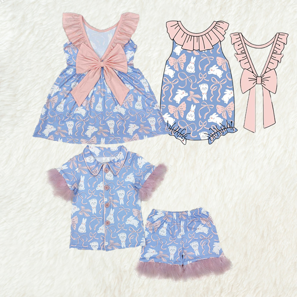 6.07   Girls Blue Bunny Bow Fur Pajamas Button down Easter Theme Sleepwear for Kids