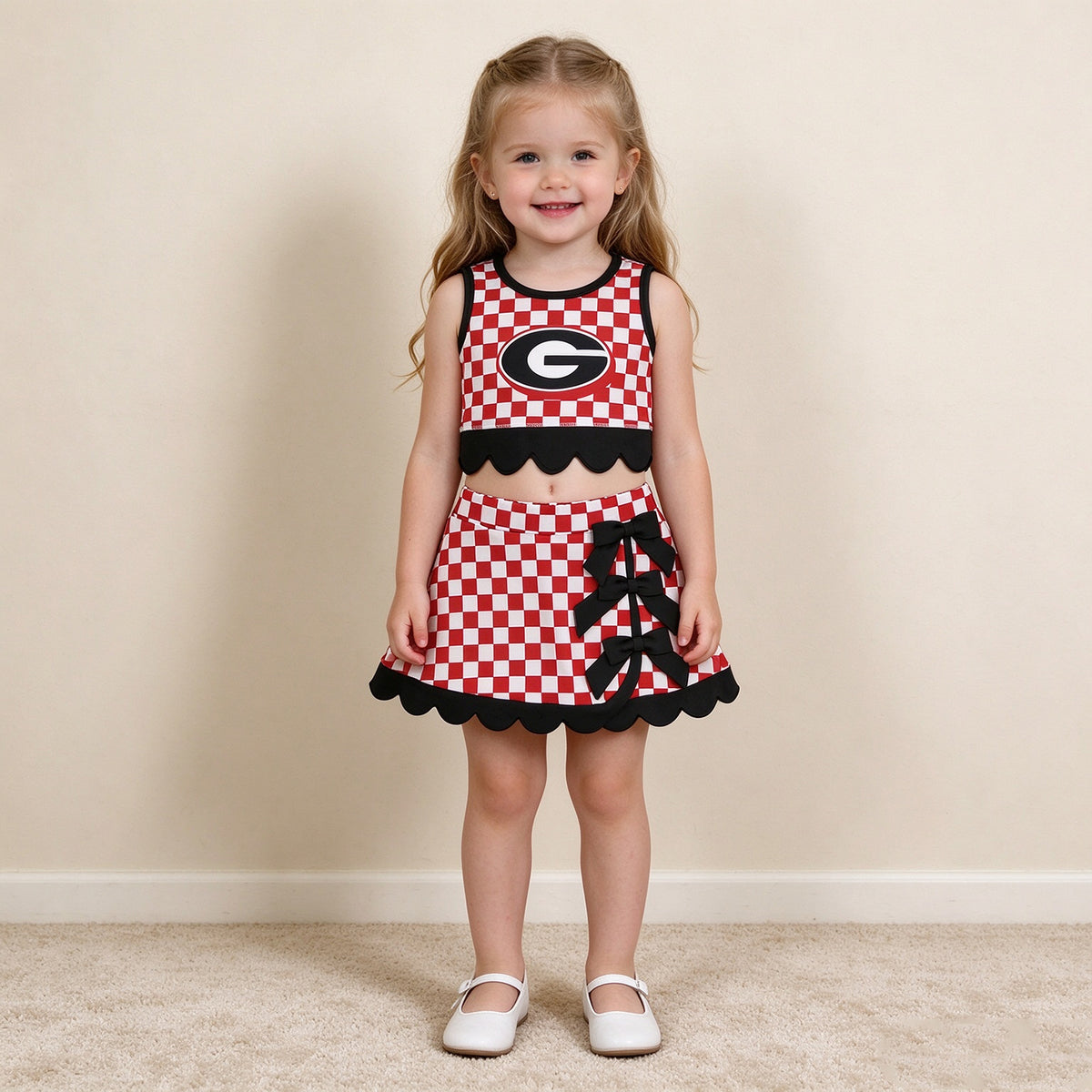 RTS NO MOQ yoga fabric GSD4287 Yoga Baby Girls Checked Top Bows Skirt Short Scallop Team Set