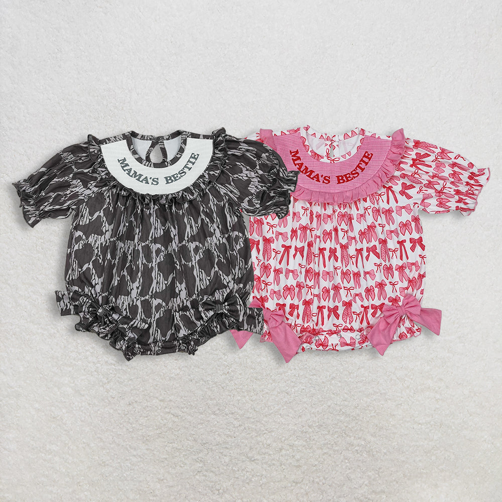 11.12 RTS Sibling Baby Girls Smocked Mama's Bestie Camo Bows Ruffle Rompers