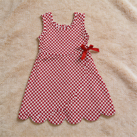 GSD3669 RTS NO MOQ （In stock）Sleeveless plaid scallop bow kids girls athletic dress
