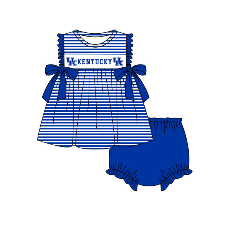 CUSTOM MOQ 5 Sibling Baby Kids Blue Stripe Top Ruffles Shorts Clothes Set Knee Length Dress Rompers