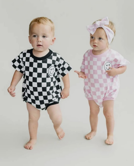 pre order Pink Plaid Short Sleeve Baby Boy Romper Smile Summer Outfit 100% Cotton Comfortable Fit Infant Clothing