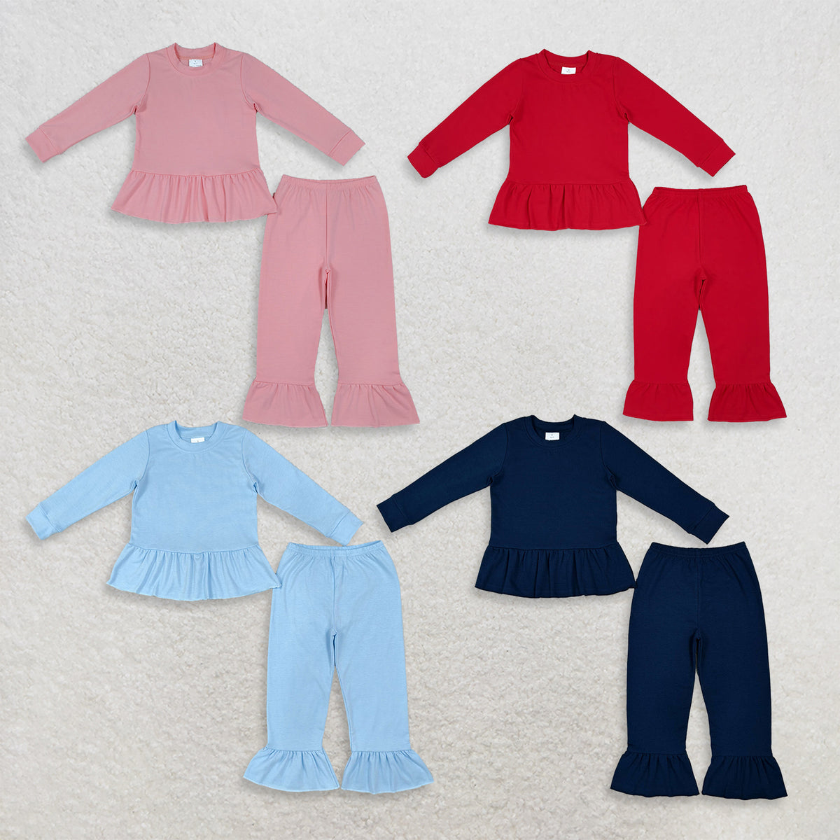 RTS NO MOQ Sibling cotton Baby Girls Solid Color Long Sleeve Ruffle Top And Flare Pant Matching Set