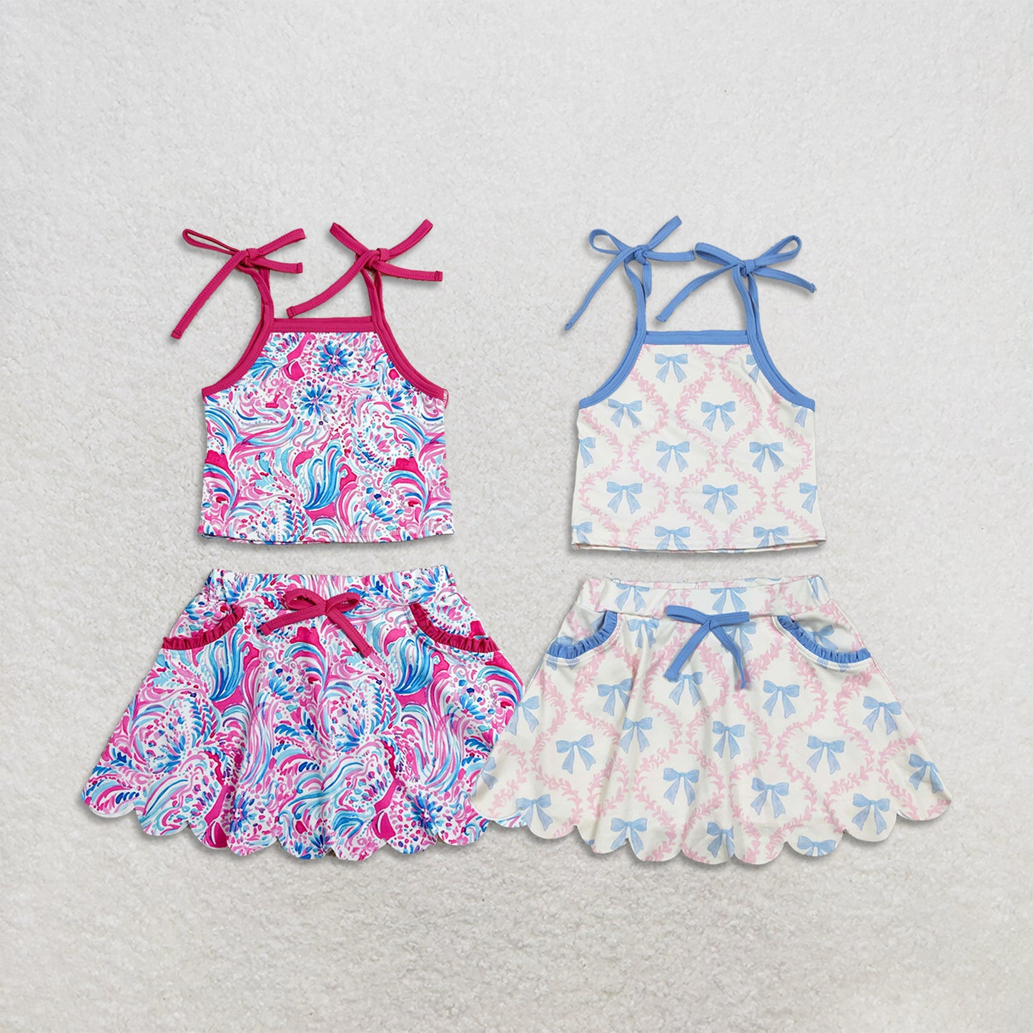 RTS Sibling Light blue straps bow top skirt kids girls active outfits