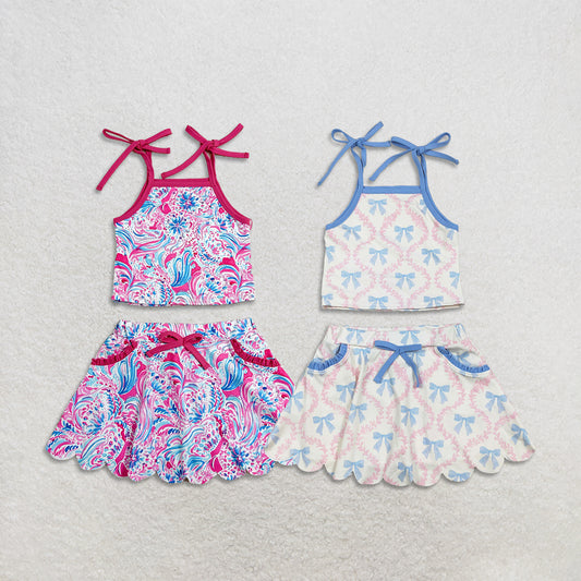 RTS Sibling Light blue straps bow top skirt kids girls active outfits