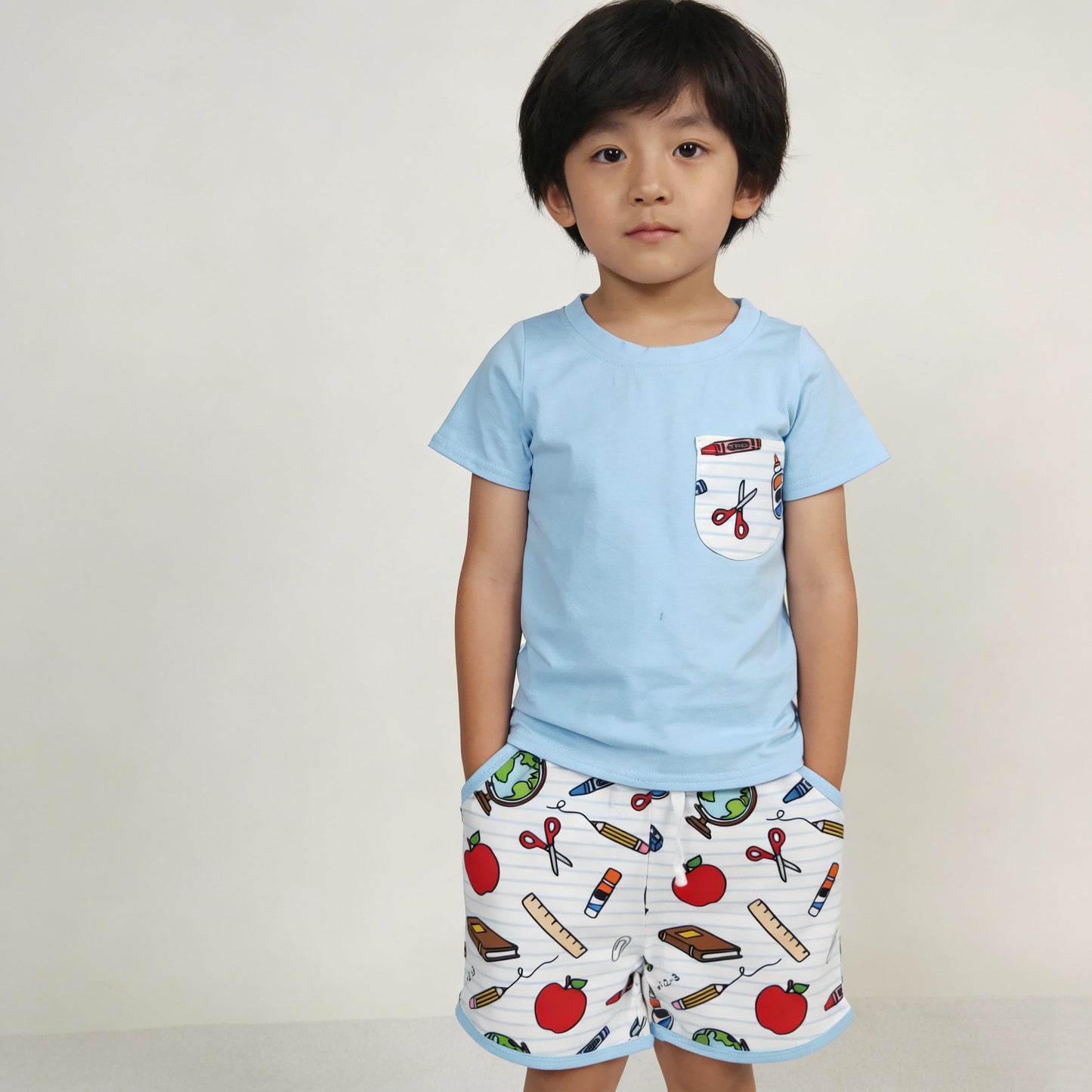 4.7 BSSO1921 RTS NO MOQ （In stock ）Baby Boys Apples Pencils Top Pockets Shorts Back to School Clothes Sets