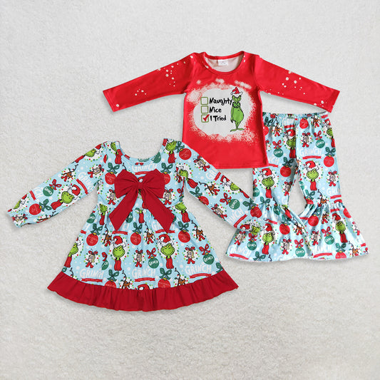 RTS Sibling Baby Girls Winter Outfits Girls Green Christmas Face Dress Children's Festive Costume for Holiday Parties