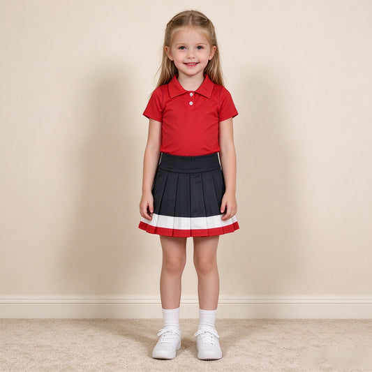 RTS NO MOQ （In stock）yoga fabric cotton GT1727+GLK0319 Yoga Baby Girls Red Short Sleeve Yoga Active Button Polo Shirts Top Daily Top Yellow Green White Yoga Active Pleated Skirt Short Bottoms Sets