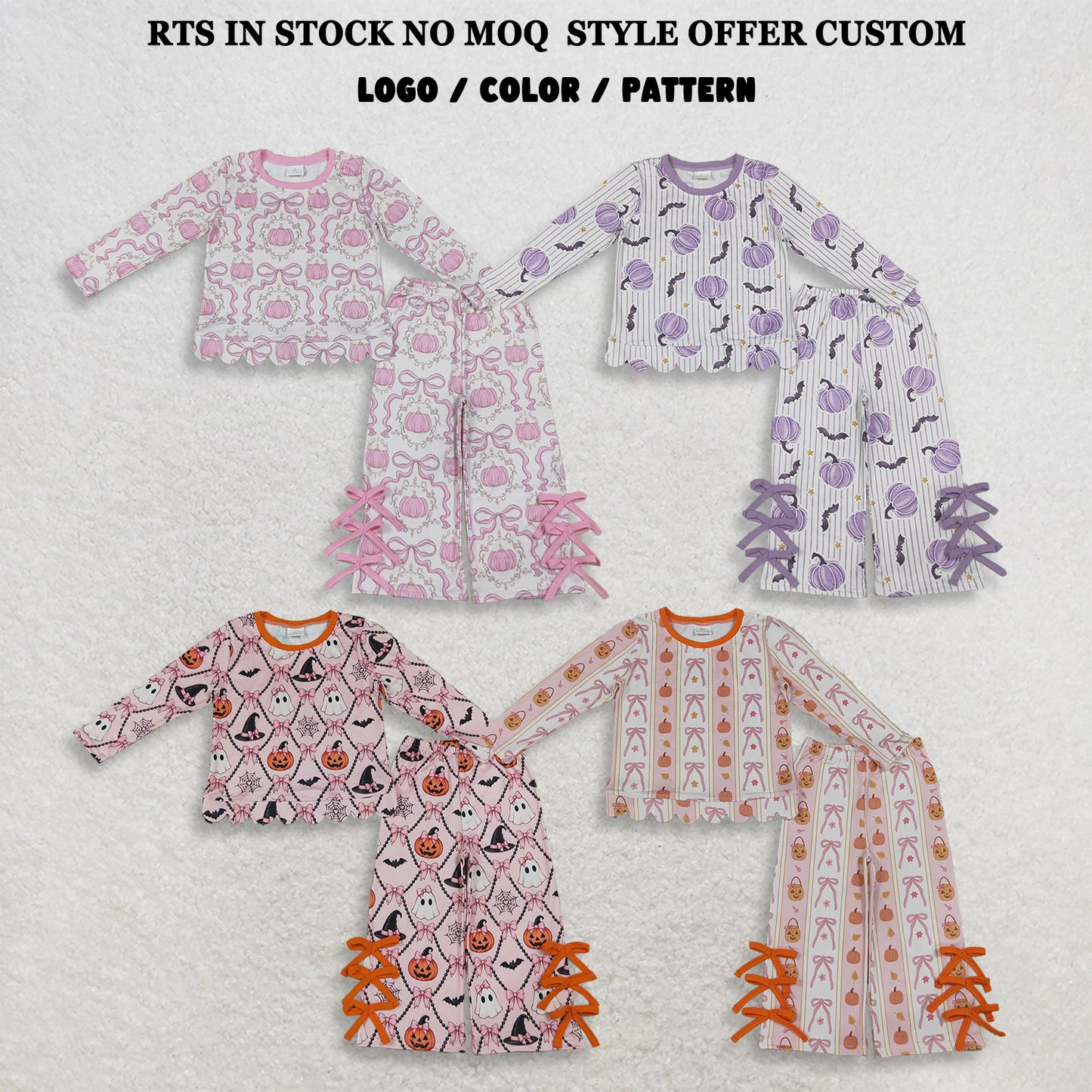 RTS NO MOQ Sibling milk silk Baby Girls Pumpkins Stripe Scallop Top Bows Pants Halloween Clothes Set