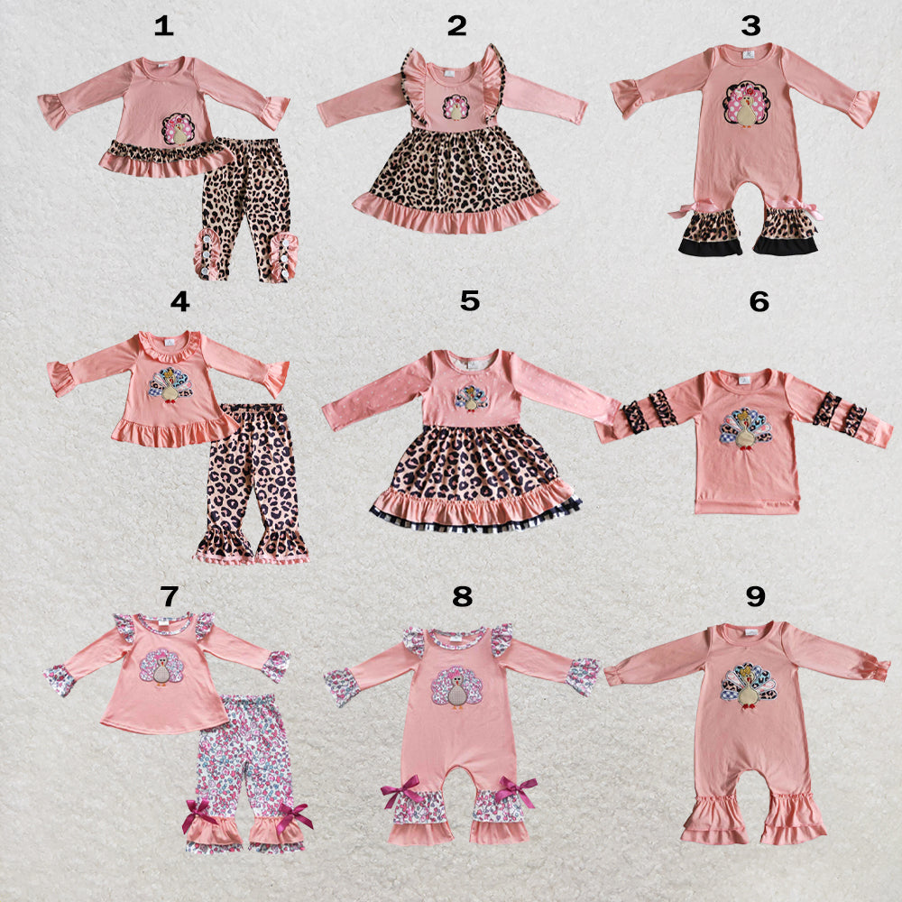 RTS Sibling milk silk Baby Girls Pink Fall Turkey Print Thanksgiving Tunic Top Ruffle Pants Two Piece Clothes Sets Dress Rompers